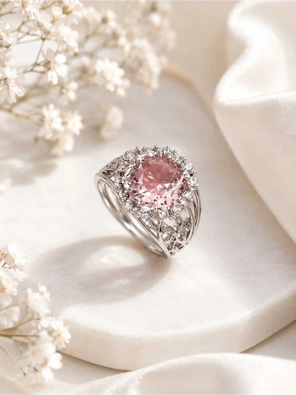 Vintage Style Pink Stone Cocktail Ring White Gold Filled Halo Cluster Statement